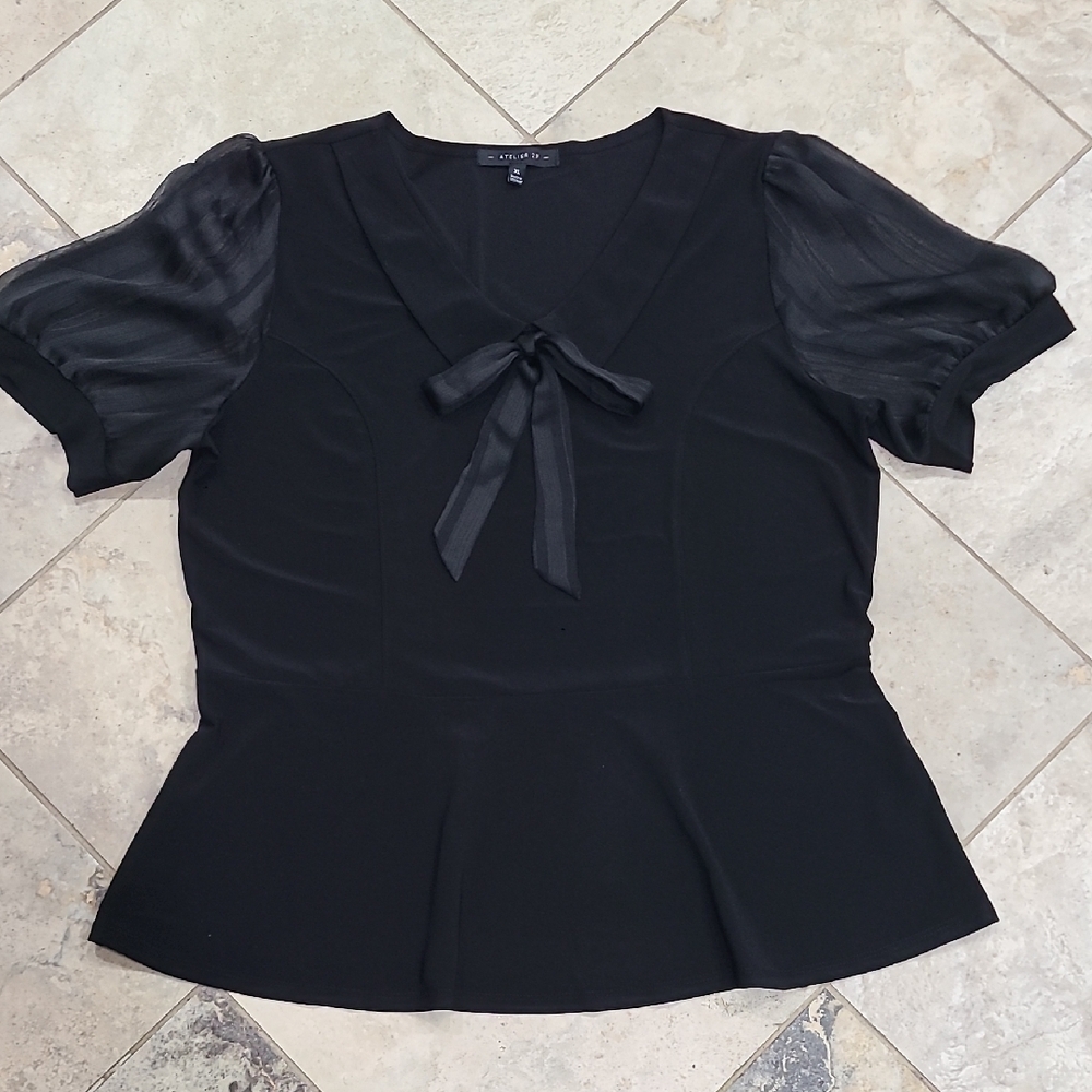 Atelier 29 Black Blouse with Sheer Puff Sleeves